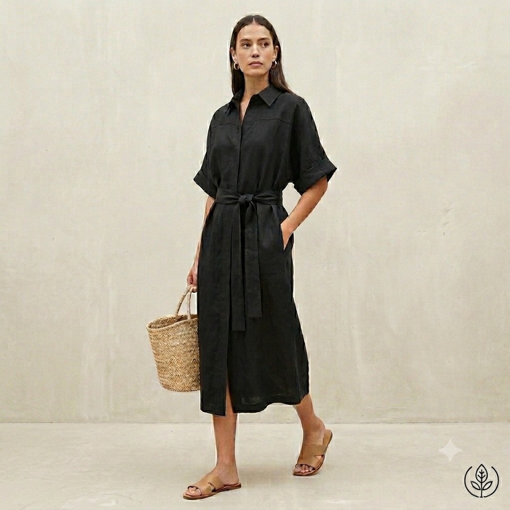 Black Linen Midi Shirt Dress with Tie Waist (S/M)